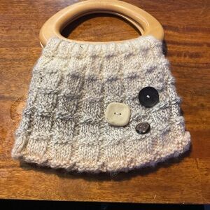 Handcrafted Beige Knit Bag with Wooden Handle